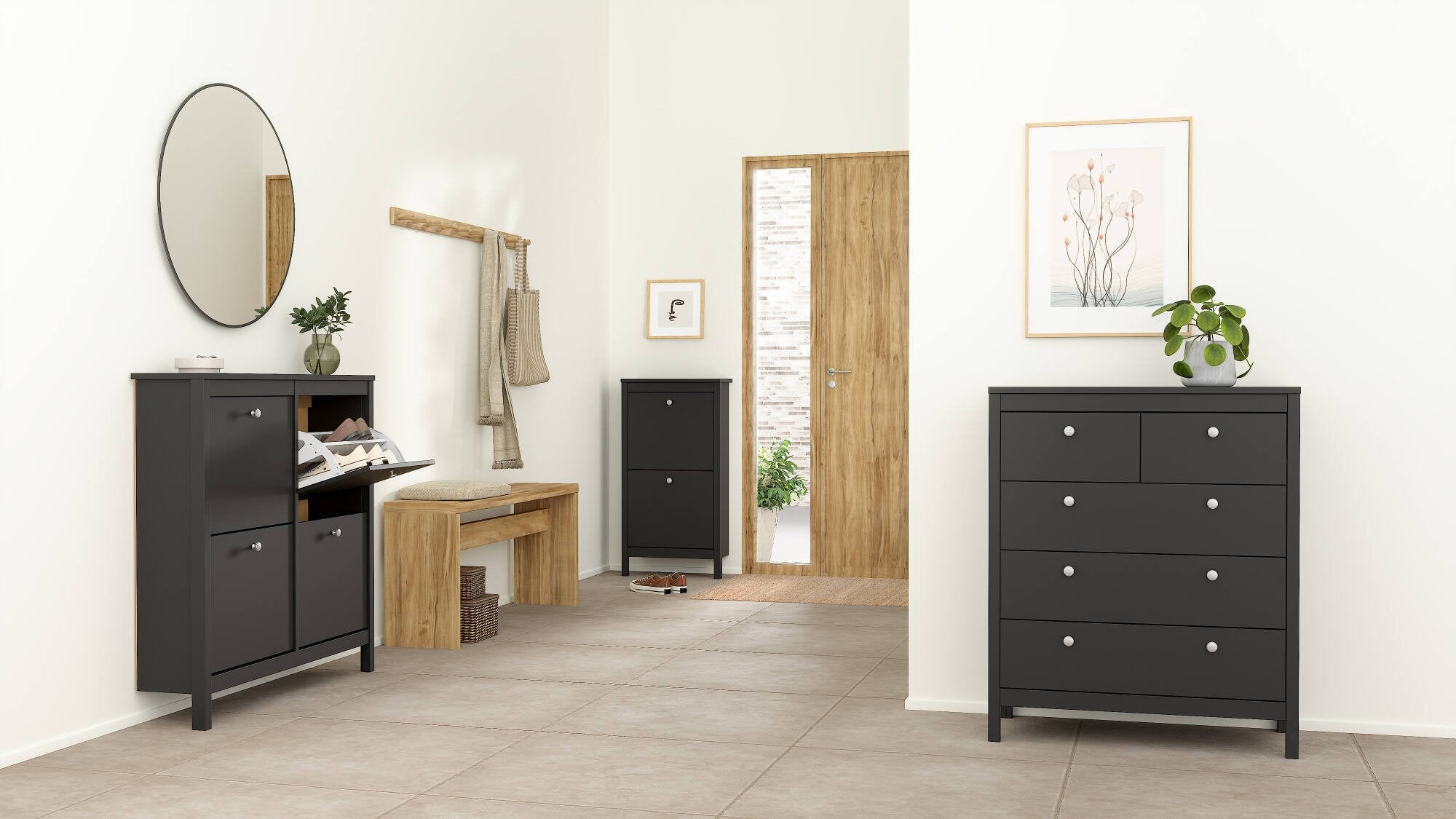 Scarpiera Actinidia, Mobile portascarpe, Armadio da ingresso multiuso, Mobiletto per calzature, 103x25 h103 cm, Nero