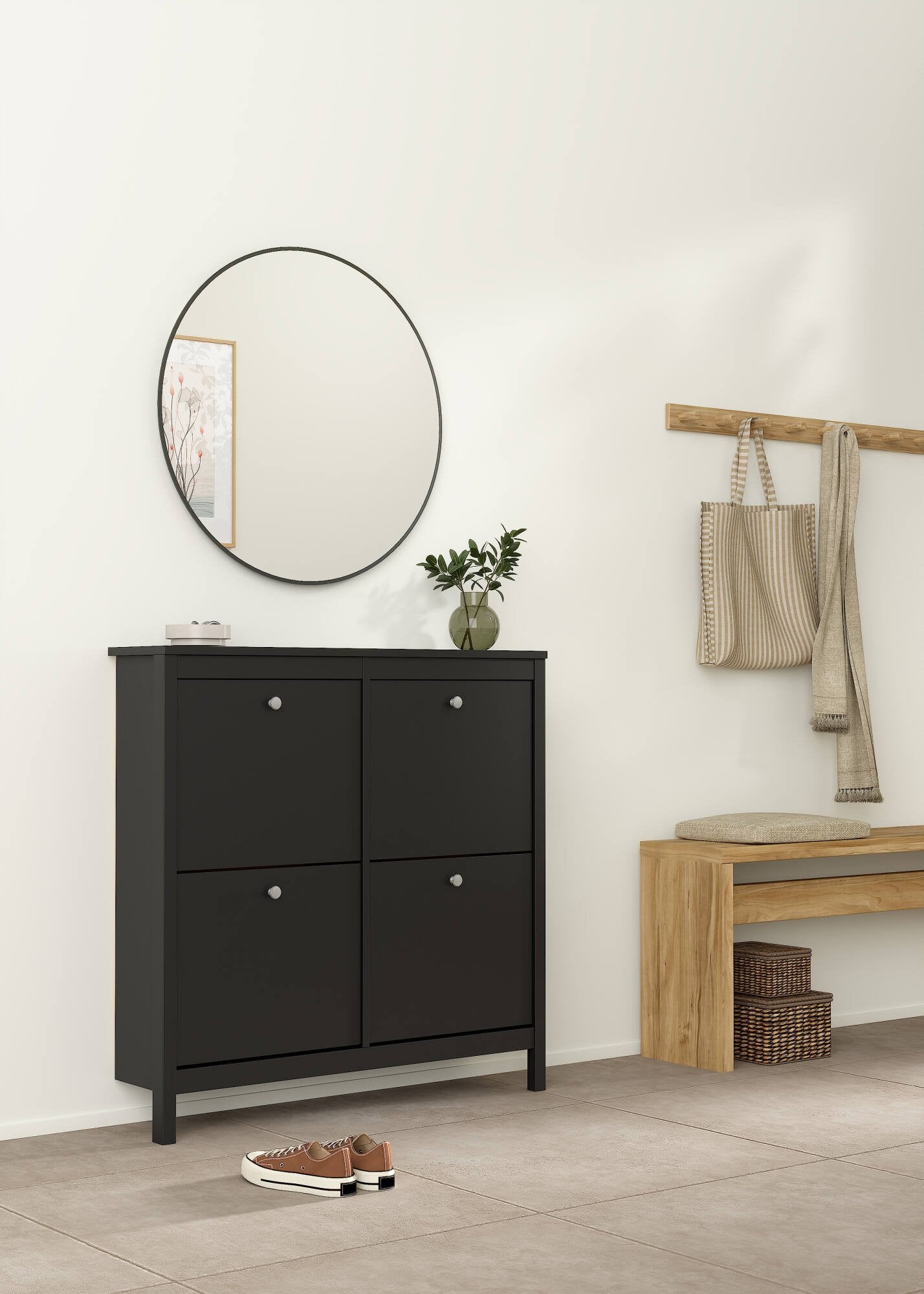 Scarpiera Actinidia, Mobile portascarpe, Armadio da ingresso multiuso, Mobiletto per calzature, 103x25 h103 cm, Nero