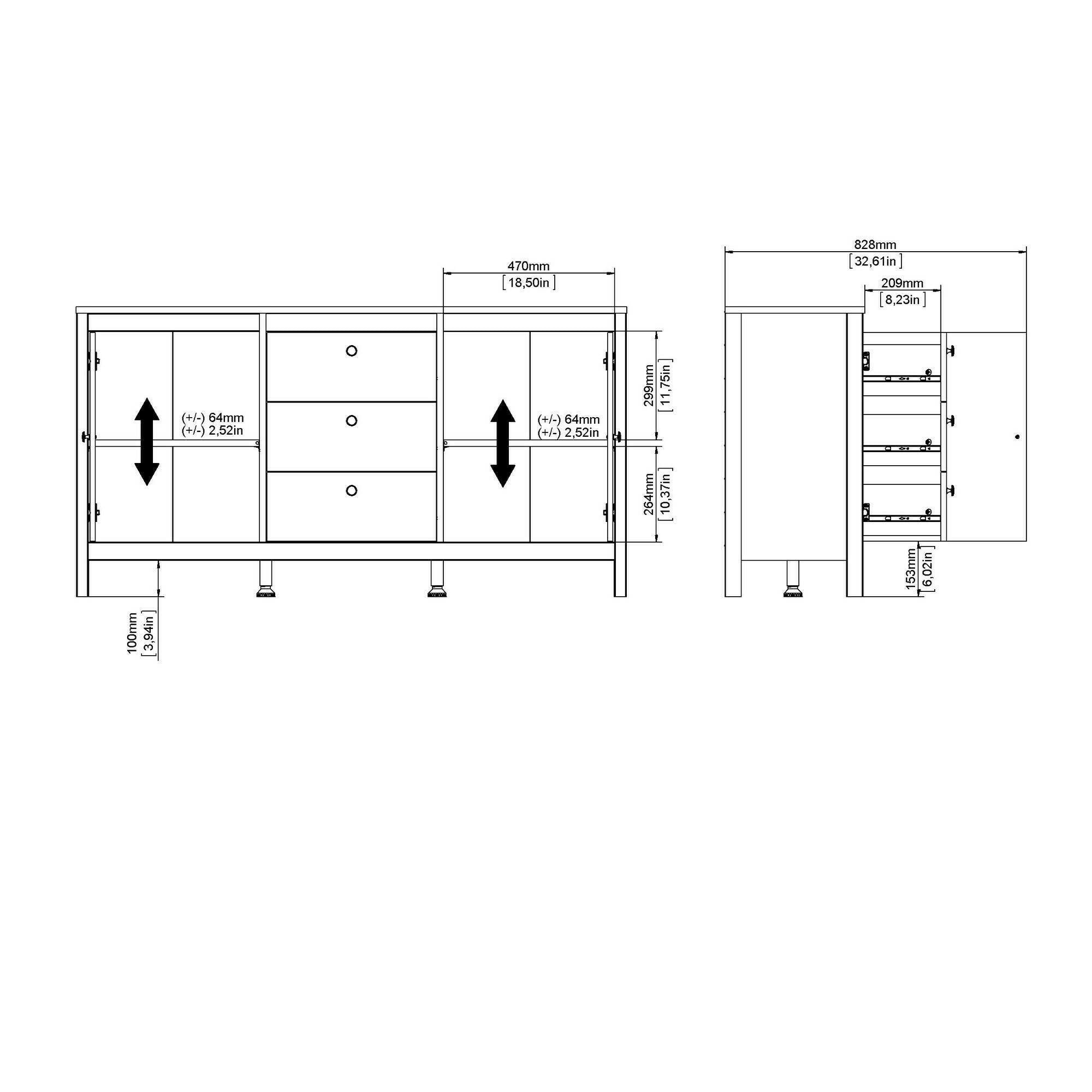 Credenza Whitney, Buffet da soggiorno, Madia da salotto, Dispensa da cucina, 151x38 h80 cm, Nero