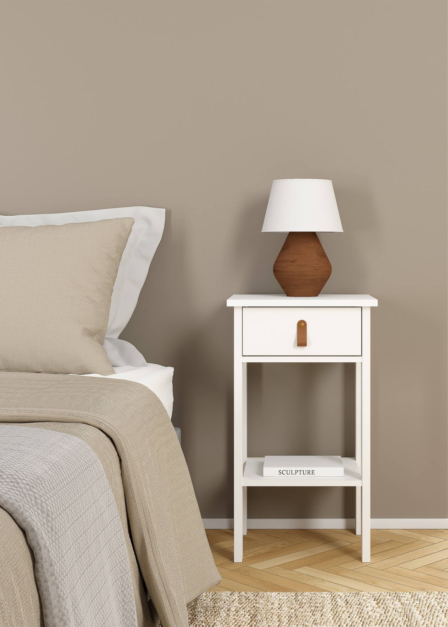 Comodino Inday, Comò basso, Tavolino da notte, Mensola da letto, 40x34 h70 cm, Bianco