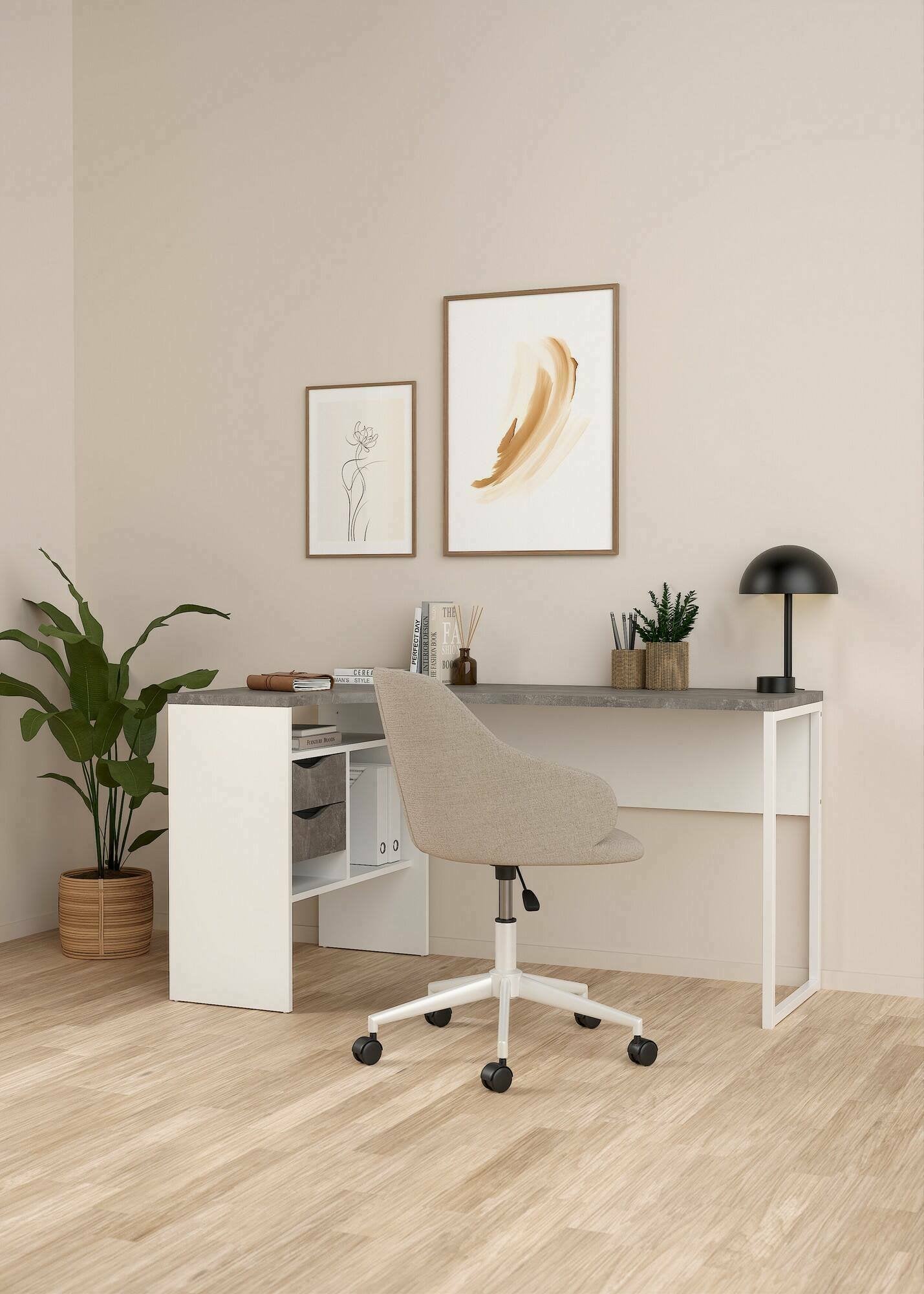 Scrivania Moire, Scrittoio multiuso, Tavolo per ufficio porta PC, Piano di lavoro, 145x81 h77 cm, Bianco e Grigio