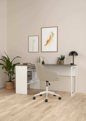 Scrivania Moire, Scrittoio multiuso, Tavolo per ufficio porta PC, Piano di lavoro, 145x81 h77 cm, Bianco e Grigio