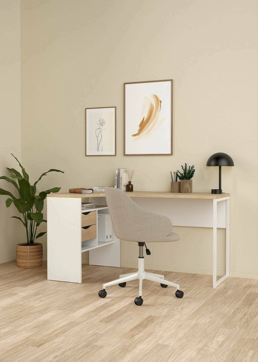 Scrivania Moire, Scrittoio multiuso, Tavolo per ufficio porta PC, Piano di lavoro, 145x81 h77 cm, Bianco e Rovere