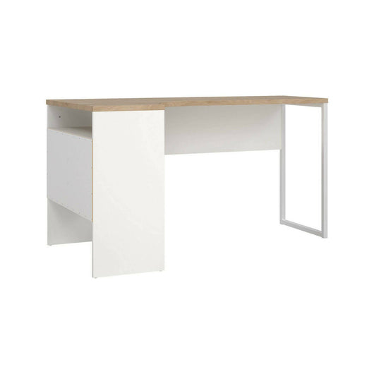 Scrivania Moire, Scrittoio multiuso, Tavolo per ufficio porta PC, Piano di lavoro, 145x81 h77 cm, Bianco e Rovere