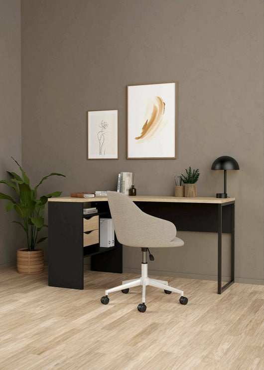 Scrivania Moire, Scrittoio multiuso, Tavolo per ufficio porta PC, Piano di lavoro, 145x81 h77 cm, Nero e Rovere