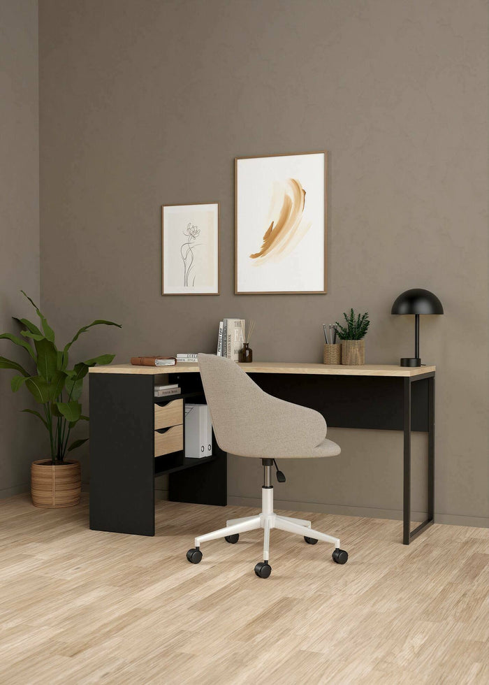 Scrivania Moire, Scrittoio multiuso, Tavolo per ufficio porta PC, Piano di lavoro, 145x81 h77 cm, Nero e Rovere
