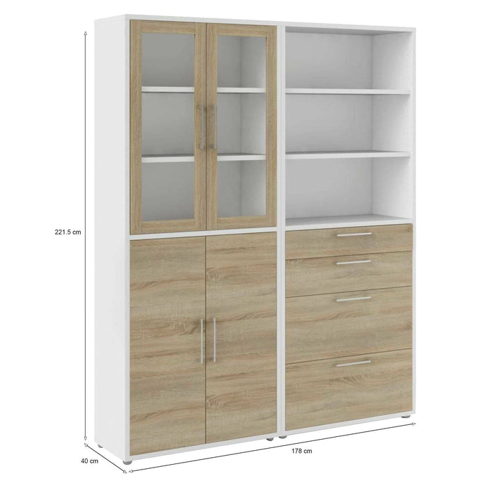 Credenza Embabane, Buffet da soggiorno, Madia da salotto, Dispensa da cucina, 178x40 h222 cm, Bianco e Quercia