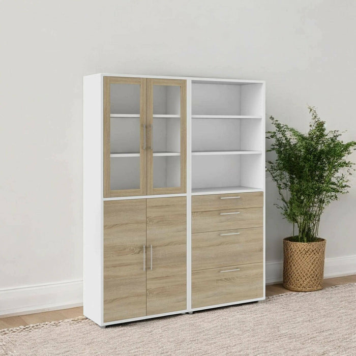 Credenza Embabane, Buffet da soggiorno, Madia da salotto, Dispensa da cucina, 178x40 h222 cm, Bianco e Quercia