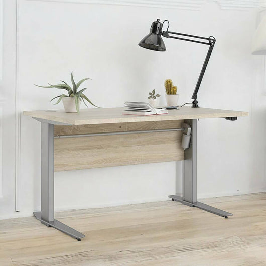 Scrivania Alfango, Scrittoio multiuso, Tavolo per ufficio porta PC, Piano di lavoro, 120x80 h75 cm, Grigio e Quercia