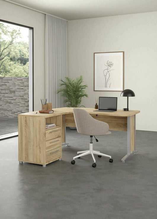 Scrivania Estong, Scrittoio multiuso, Tavolo per ufficio porta PC, Piano di lavoro, 159x150 h75 cm, Grigio e Quercia