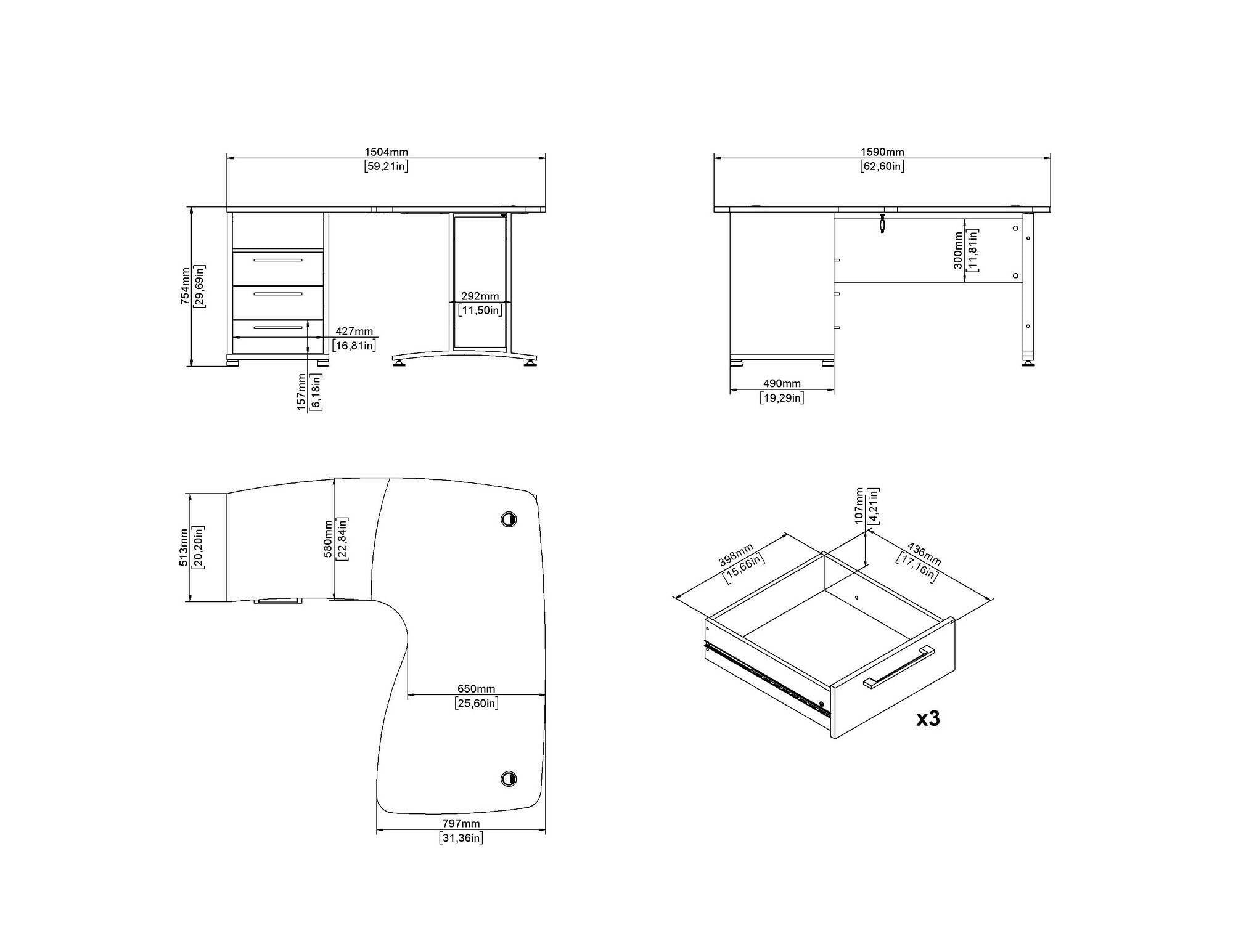 Scrivania Estong, Scrittoio multiuso, Tavolo per ufficio porta PC, Piano di lavoro, 159x150 h75 cm, Quercia e Bianco
