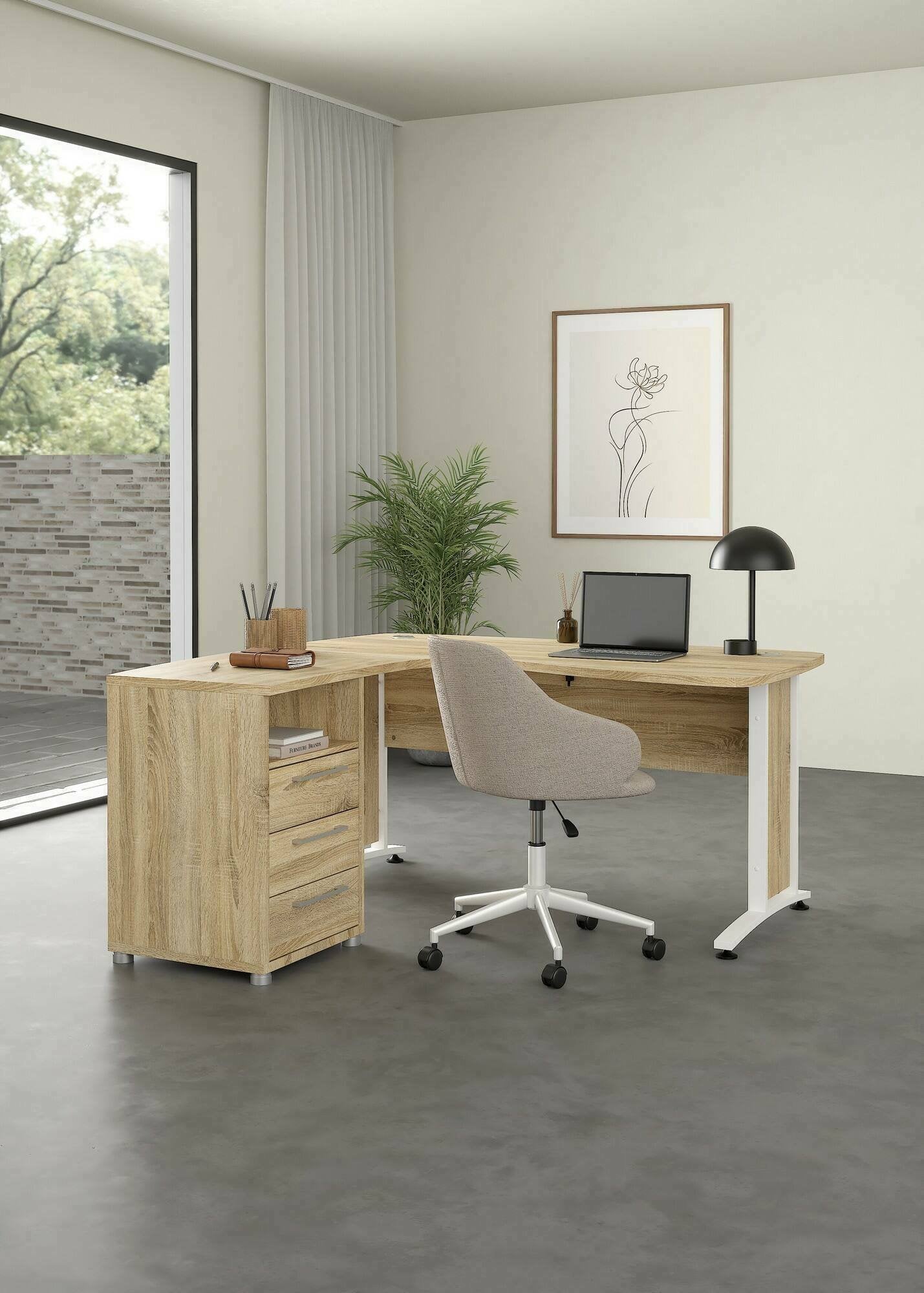 Scrivania Estong, Scrittoio multiuso, Tavolo per ufficio porta PC, Piano di lavoro, 159x150 h75 cm, Quercia e Bianco
