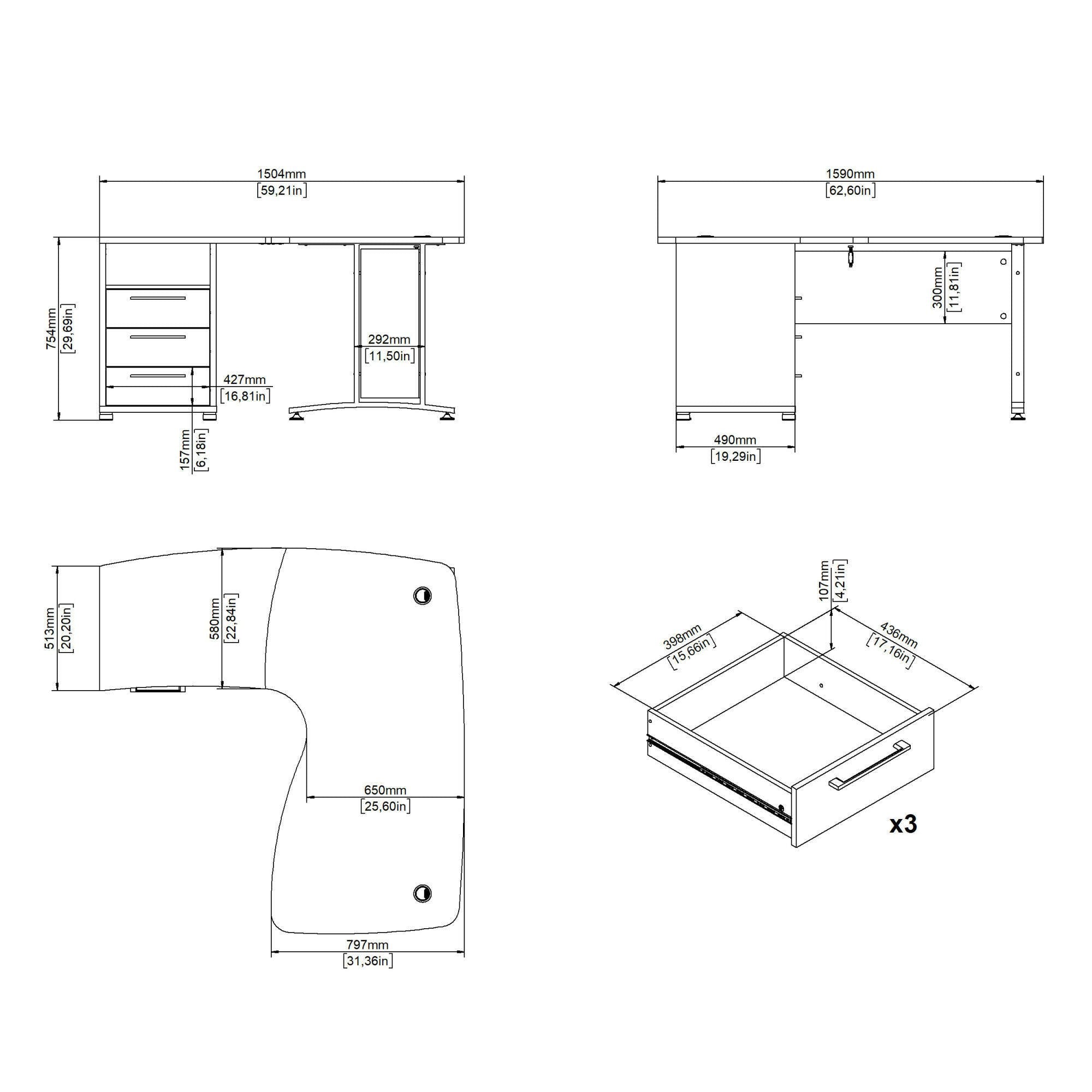 Scrivania Lumpur, Scrittoio multiuso, Tavolo per ufficio porta PC, Piano di lavoro, 159x150 h75 cm, Quercia