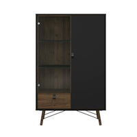 Vetrina Mora, Credenza espositiva, Vetrinetta multiuso, Madia da soggiorno, 102x40 h162 cm, Nero e Noce