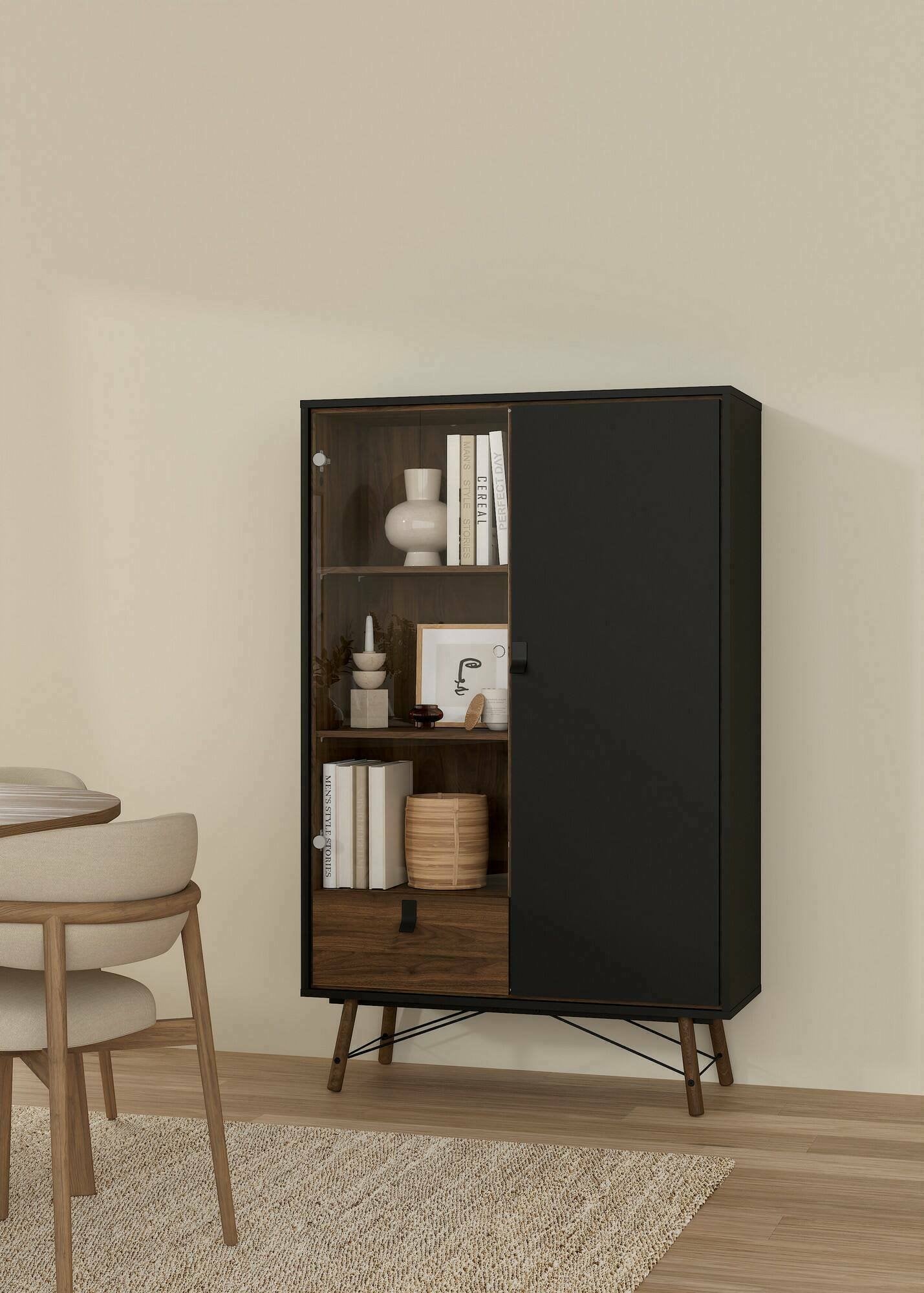 Vetrina Mora, Credenza espositiva, Vetrinetta multiuso, Madia da soggiorno, 102x40 h162 cm, Nero e Noce