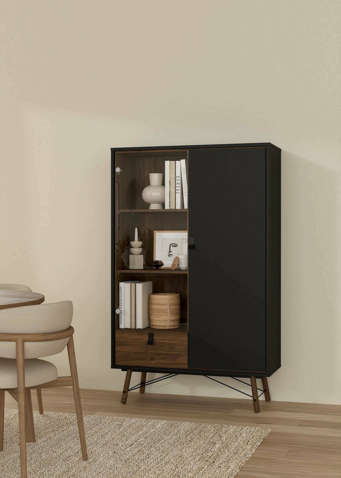 Vetrina Mora, Credenza espositiva, Vetrinetta multiuso, Madia da soggiorno, 102x40 h162 cm, Nero e Noce