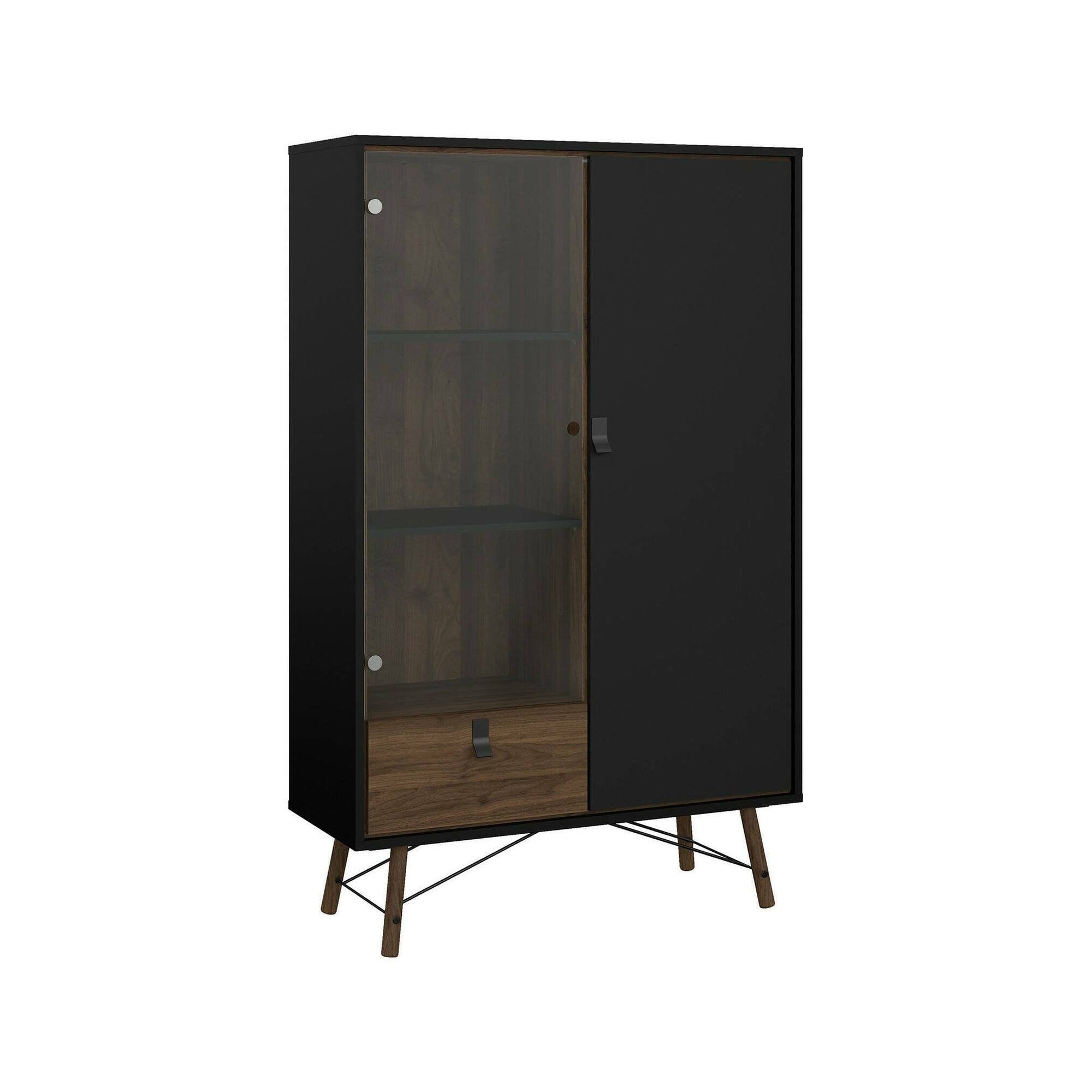 Vetrina Mora, Credenza espositiva, Vetrinetta multiuso, Madia da soggiorno, 102x40 h162 cm, Nero e Noce
