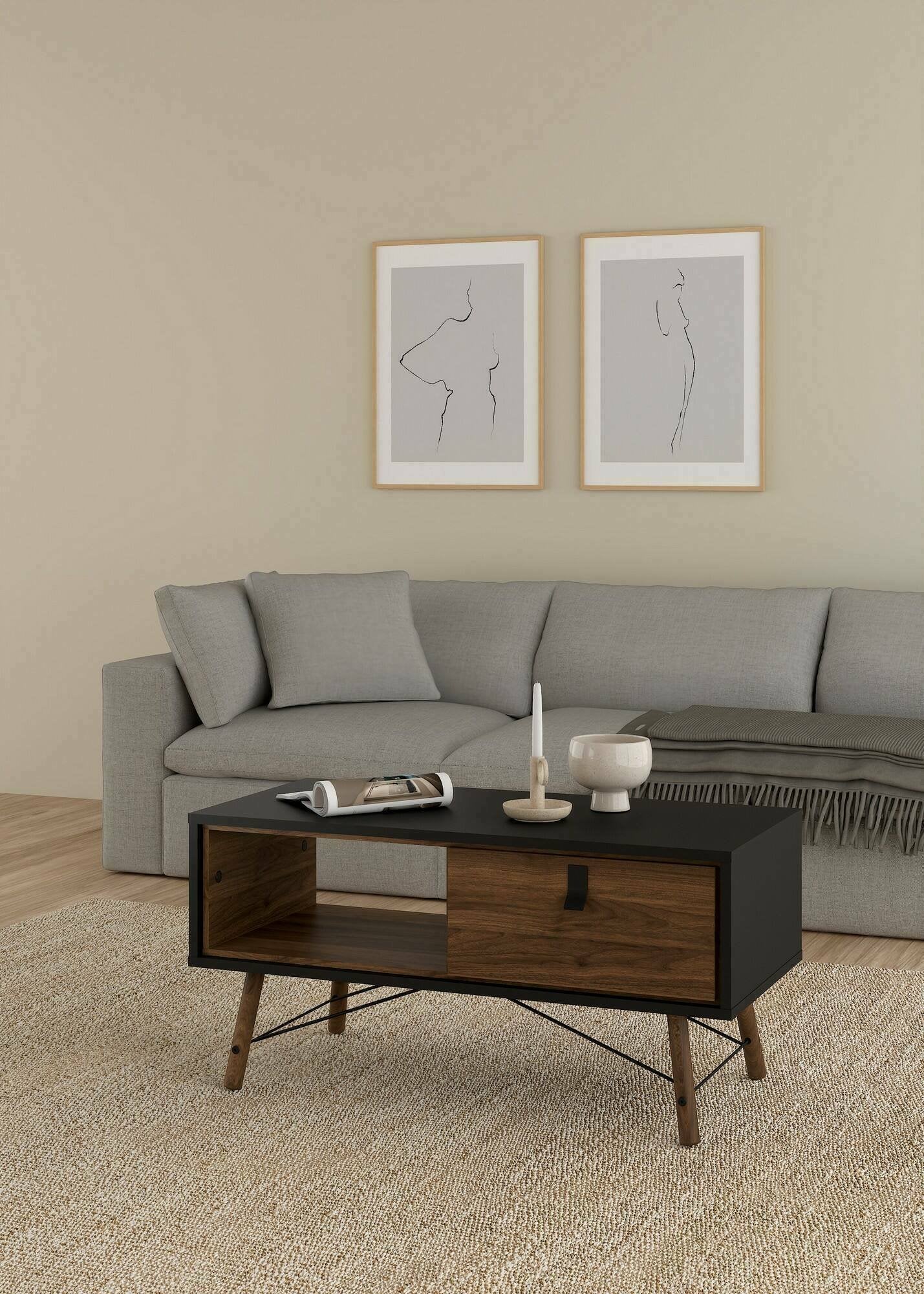 Tavolino da salotto Maximilien, Tavolo basso da caffè, Portariviste per divano, Ripiano da soggiorno, 102x48 h50 cm, Nero e Noce