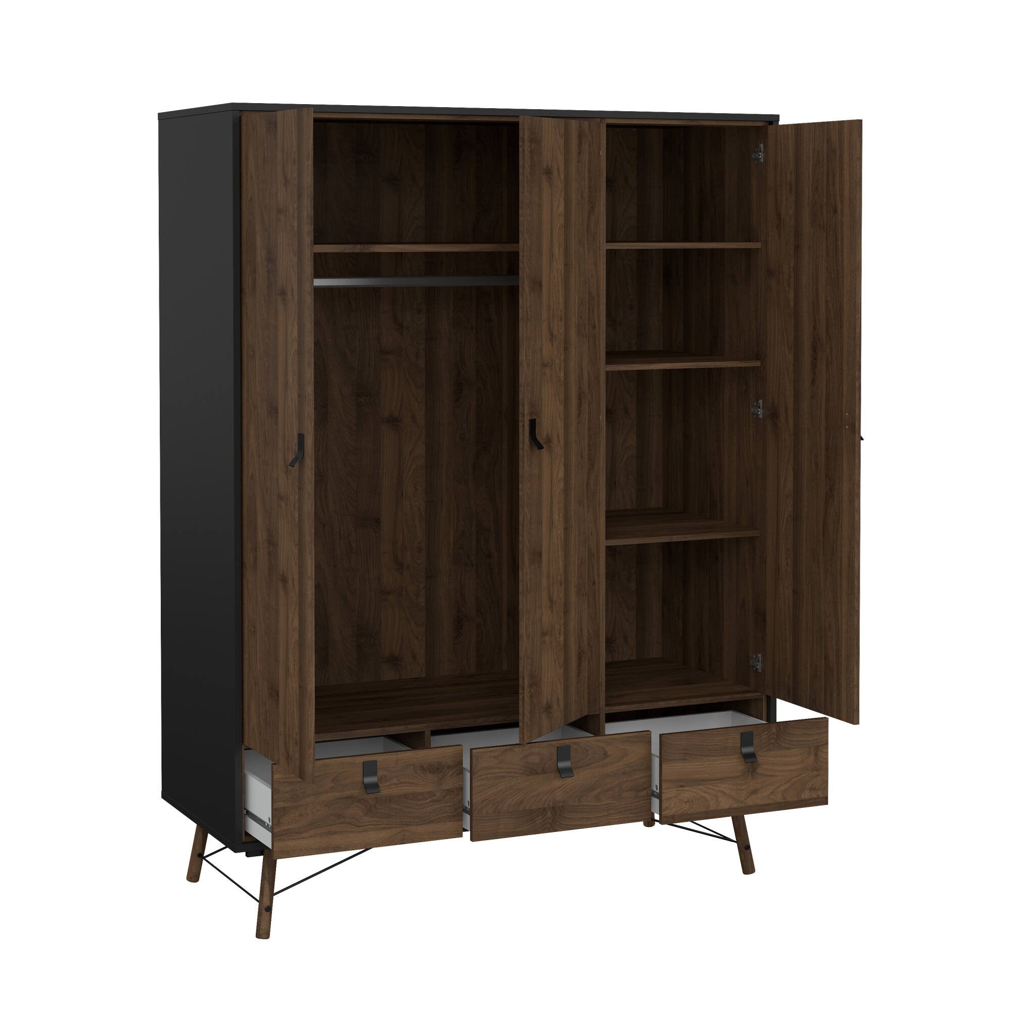 Guardaroba 3 ante Virgil, Mobile camera da letto, Cabina armadio portabiti, Armadio appendiabiti, 150x60 h200 cm, Nero e Noce