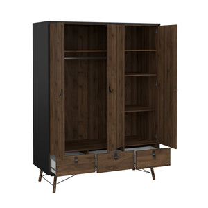 Guardaroba 3 ante Virgil, Mobile camera da letto, Cabina armadio portabiti, Armadio appendiabiti, 150x60 h200 cm, Nero e Noce