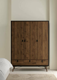 Guardaroba 3 ante Virgil, Mobile camera da letto, Cabina armadio portabiti, Armadio appendiabiti, 150x60 h200 cm, Nero e Noce