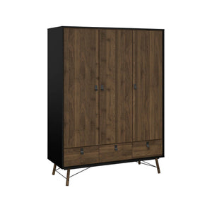 Guardaroba 3 ante Virgil, Mobile camera da letto, Cabina armadio portabiti, Armadio appendiabiti, 150x60 h200 cm, Nero e Noce