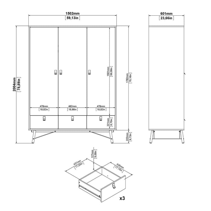 Guardaroba 3 ante Virgil, Mobile camera da letto, Cabina armadio portabiti, Armadio appendiabiti, 150x60 h200 cm, Rovere
