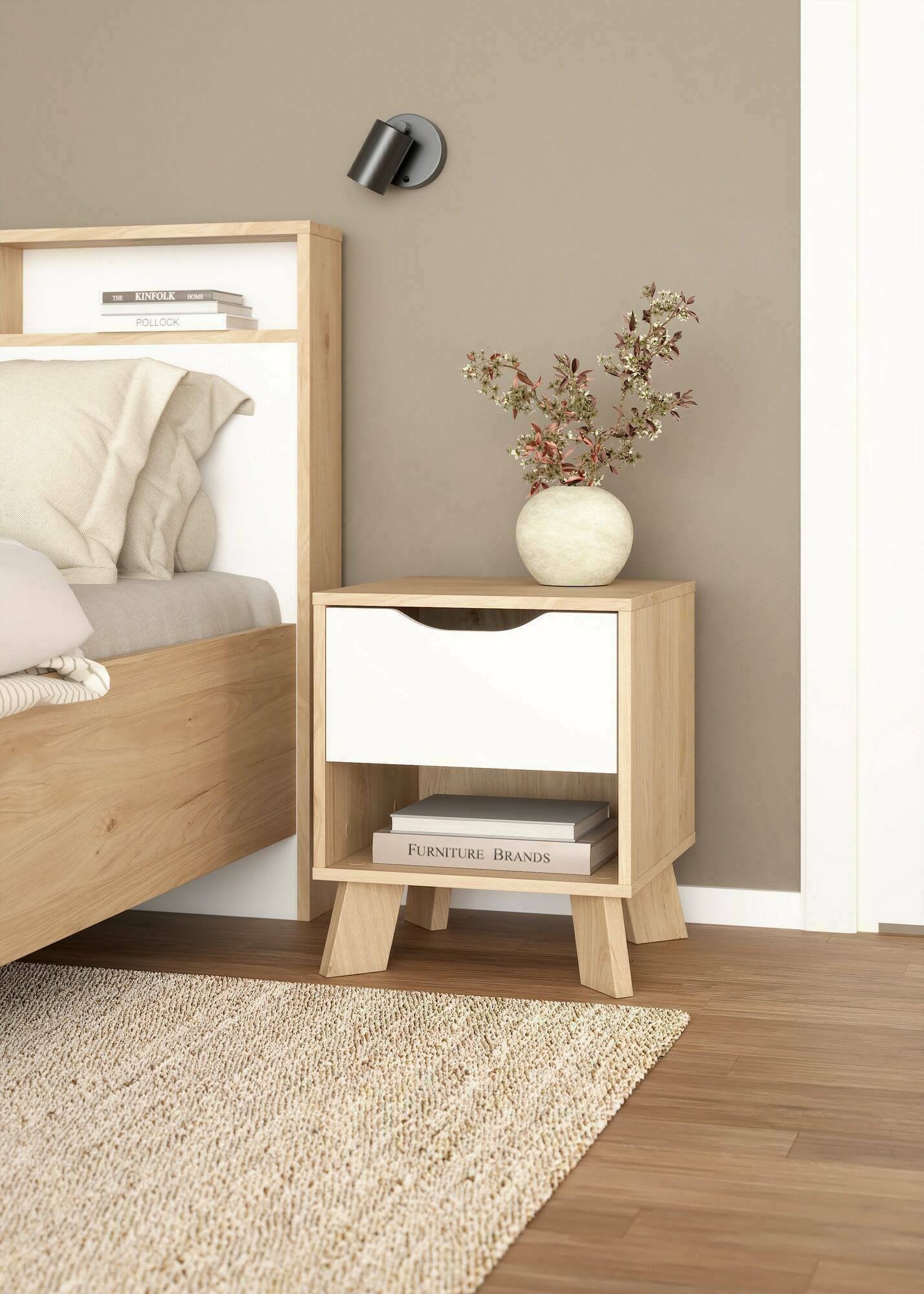 Comodino Zuglio, Comò basso, Tavolino da notte, Mensola da letto, 40x40 h47 cm, Rovere e Bianco