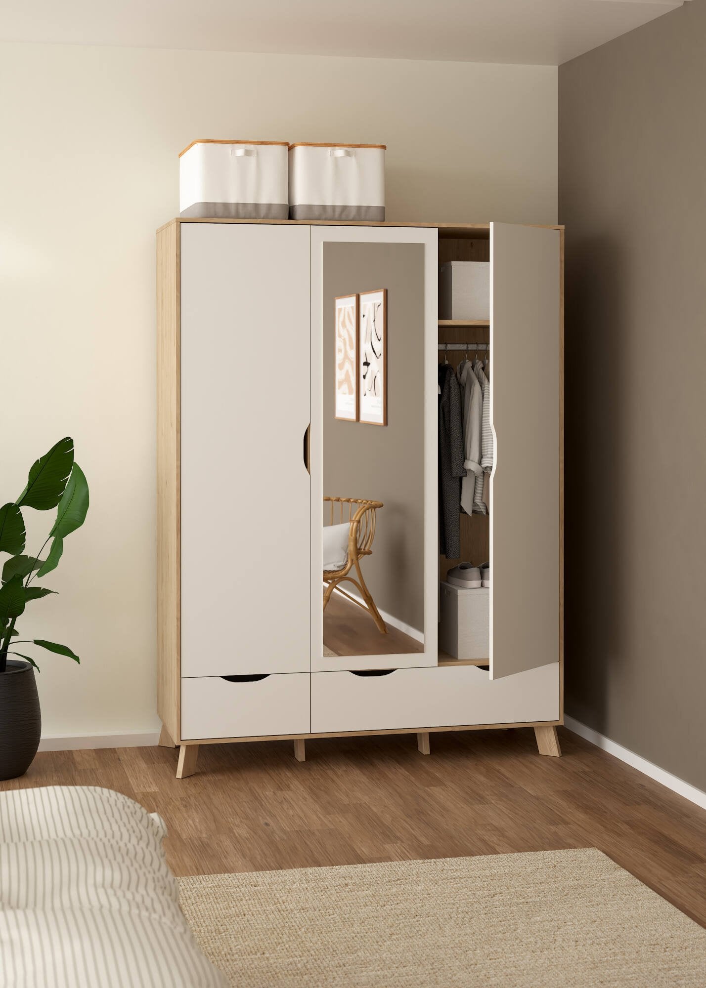 Guardaroba 2 ante Pyarr, Mobile camera da letto, Cabina armadio portabiti, Armadio appendiabiti, 147x58 h201 cm, Rovere e Bianco