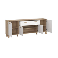 Credenza Wukong, Buffet da soggiorno, Madia da salotto, Dispensa da cucina, 196x39 h73 cm, Rovere e Bianco