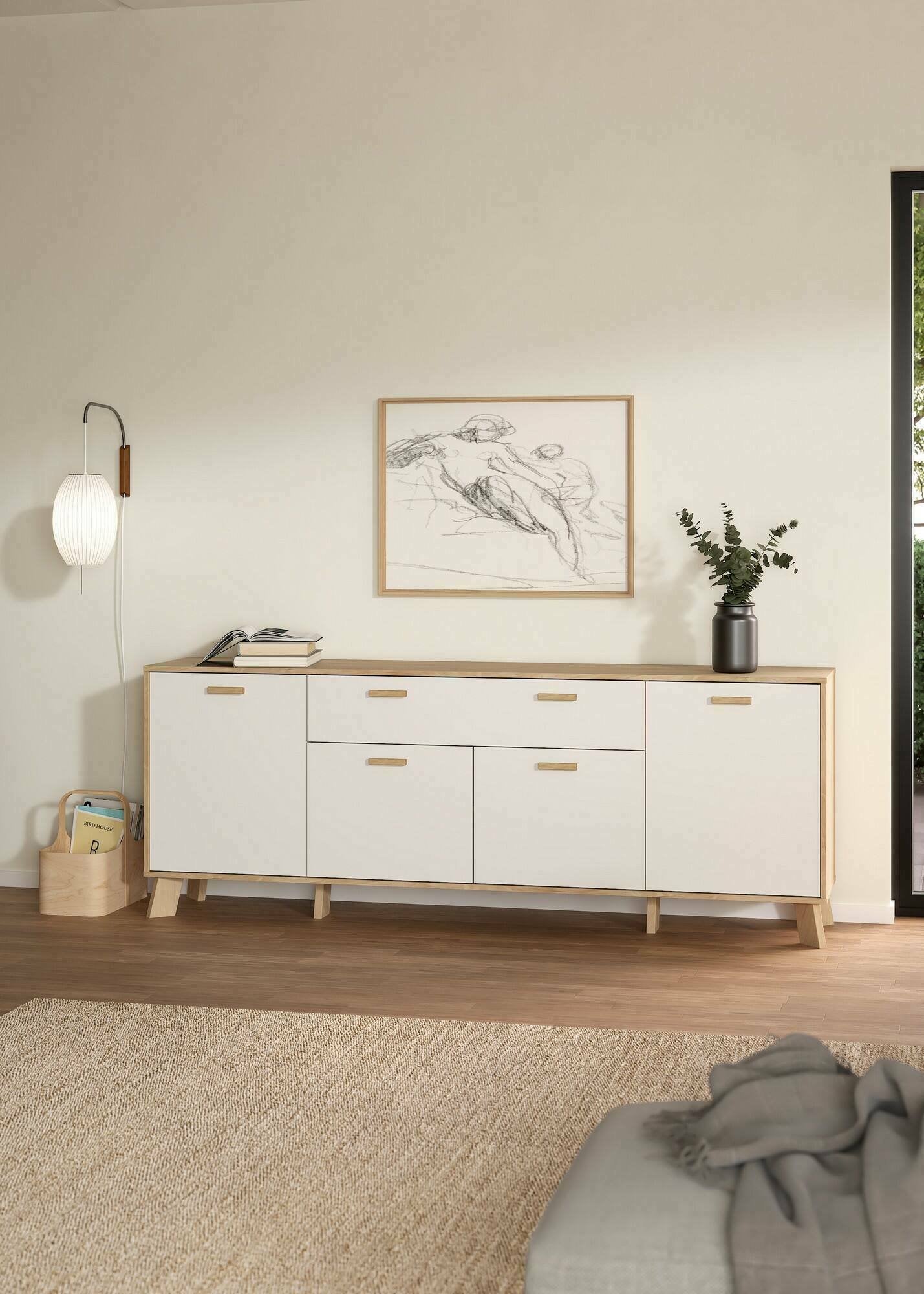 Credenza Wukong, Buffet da soggiorno, Madia da salotto, Dispensa da cucina, 196x39 h73 cm, Rovere e Bianco