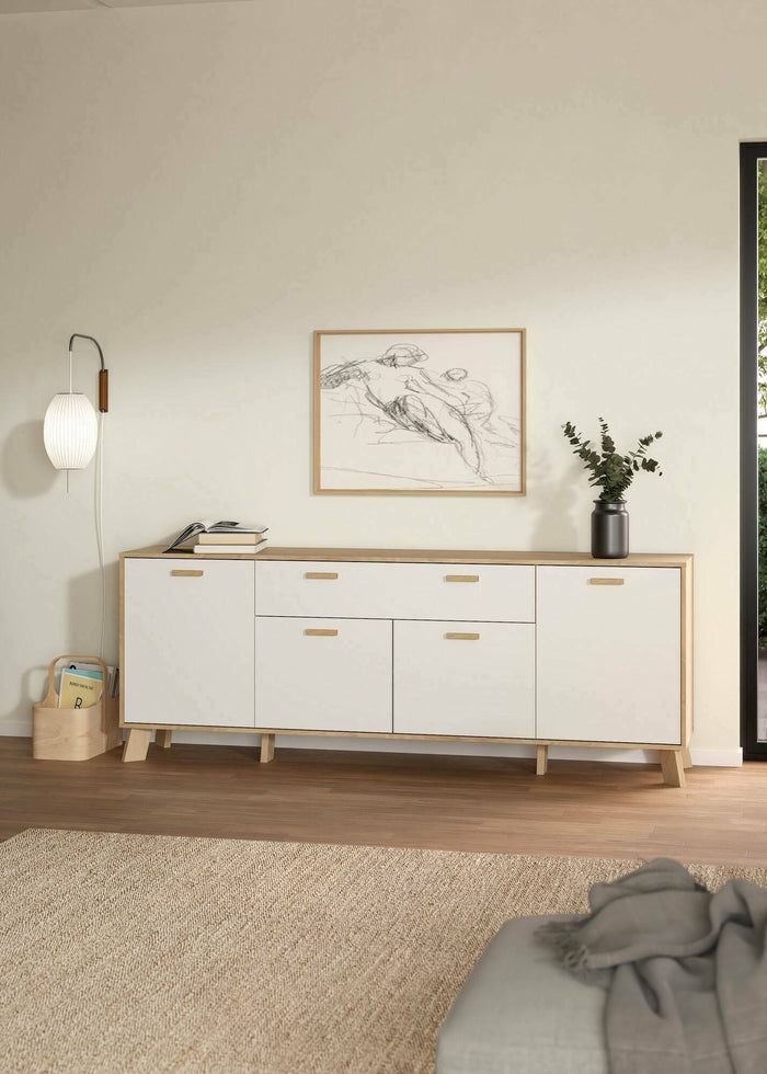 Credenza Wukong, Buffet da soggiorno, Madia da salotto, Dispensa da cucina, 196x39 h73 cm, Rovere e Bianco