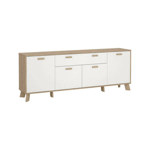 Credenza Wukong, Buffet da soggiorno, Madia da salotto, Dispensa da cucina, 196x39 h73 cm, Rovere e Bianco