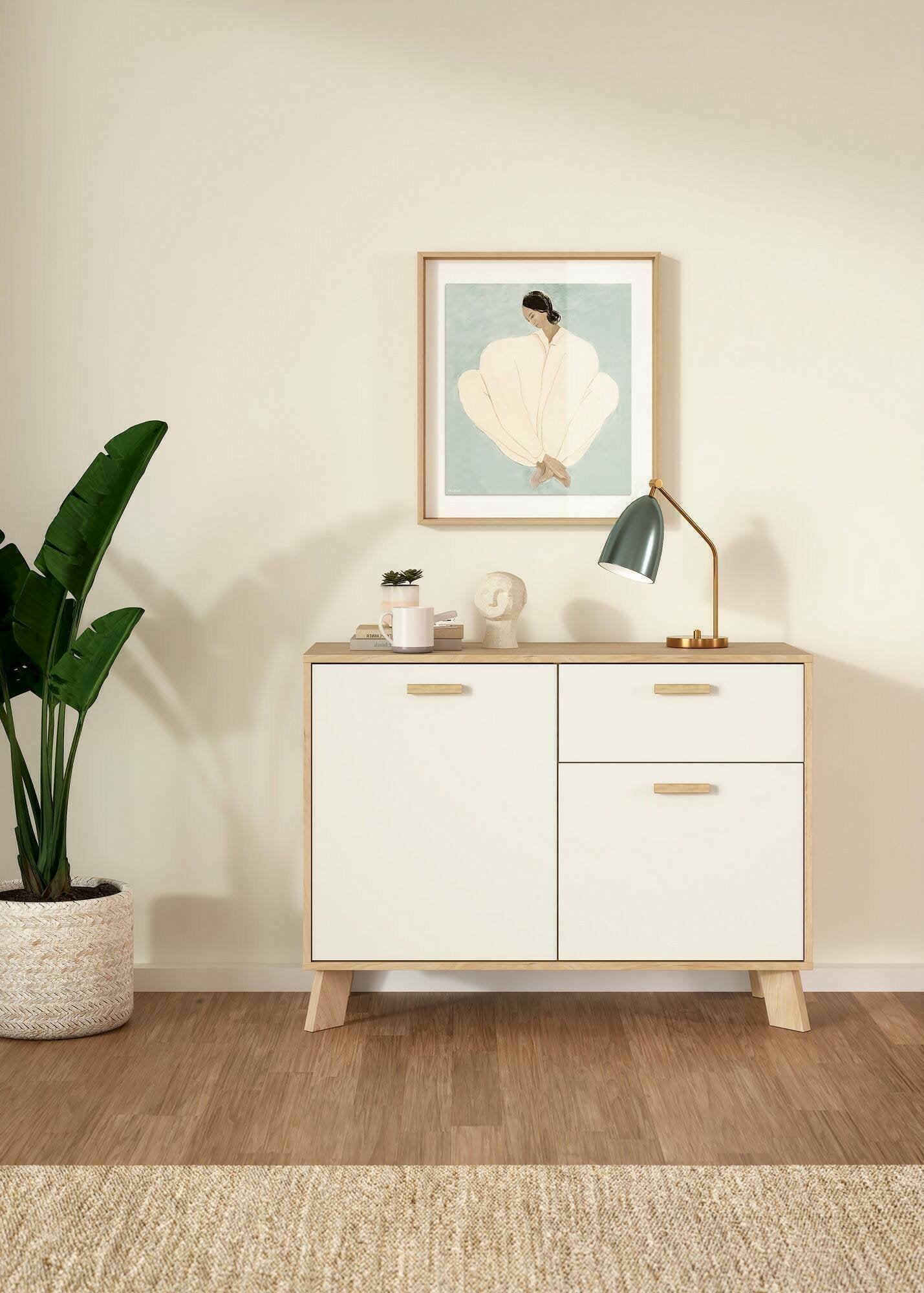 Credenza Tulo, Buffet da soggiorno, Madia da salotto, Dispensa da cucina, 99x39 h73 cm, Rovere e Bianco