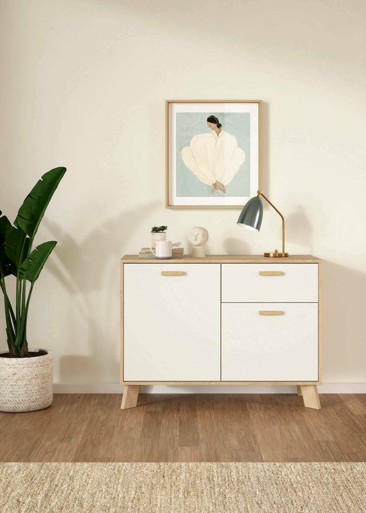 Credenza Tulo, Buffet da soggiorno, Madia da salotto, Dispensa da cucina, 99x39 h73 cm, Rovere e Bianco