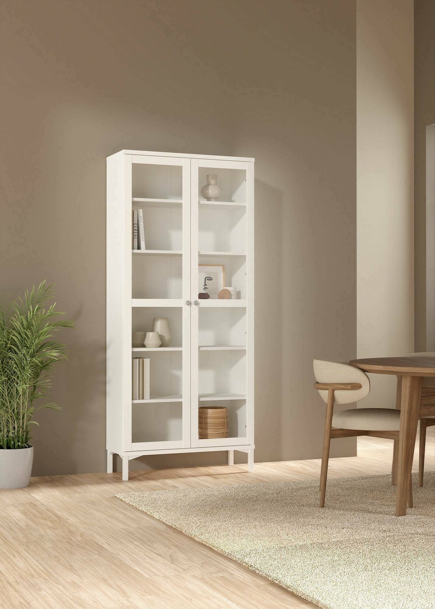 Vetrina Wutip, Credenza espositiva, Vetrinetta multiuso, Madia da soggiorno, 89x36 h203 cm, Bianco