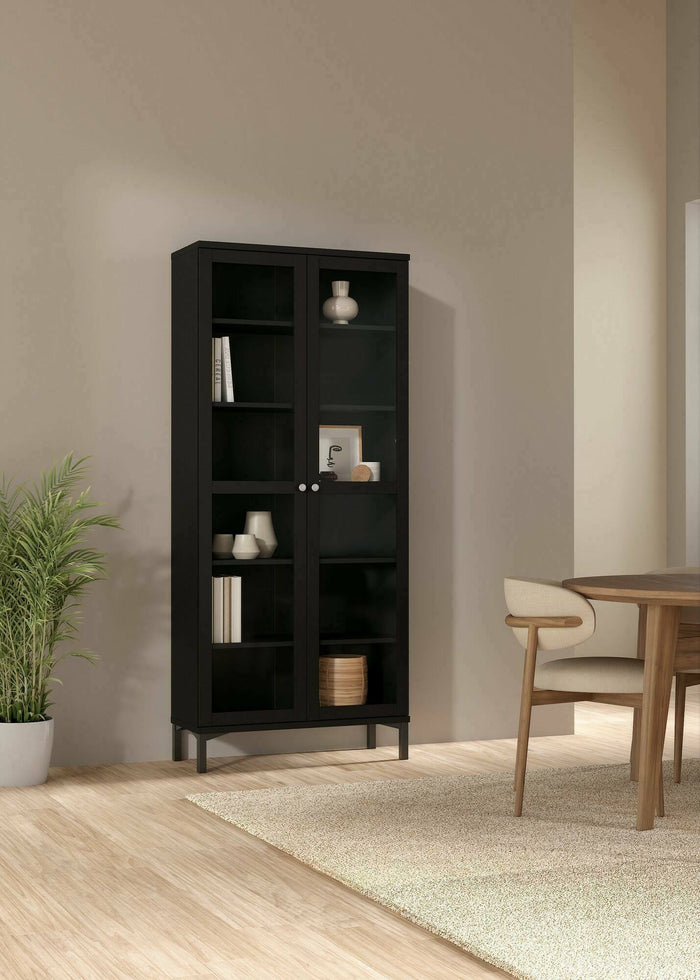 Vetrina Wutip, Credenza espositiva, Vetrinetta multiuso, Madia da soggiorno, 89x36 h203 cm, Nero