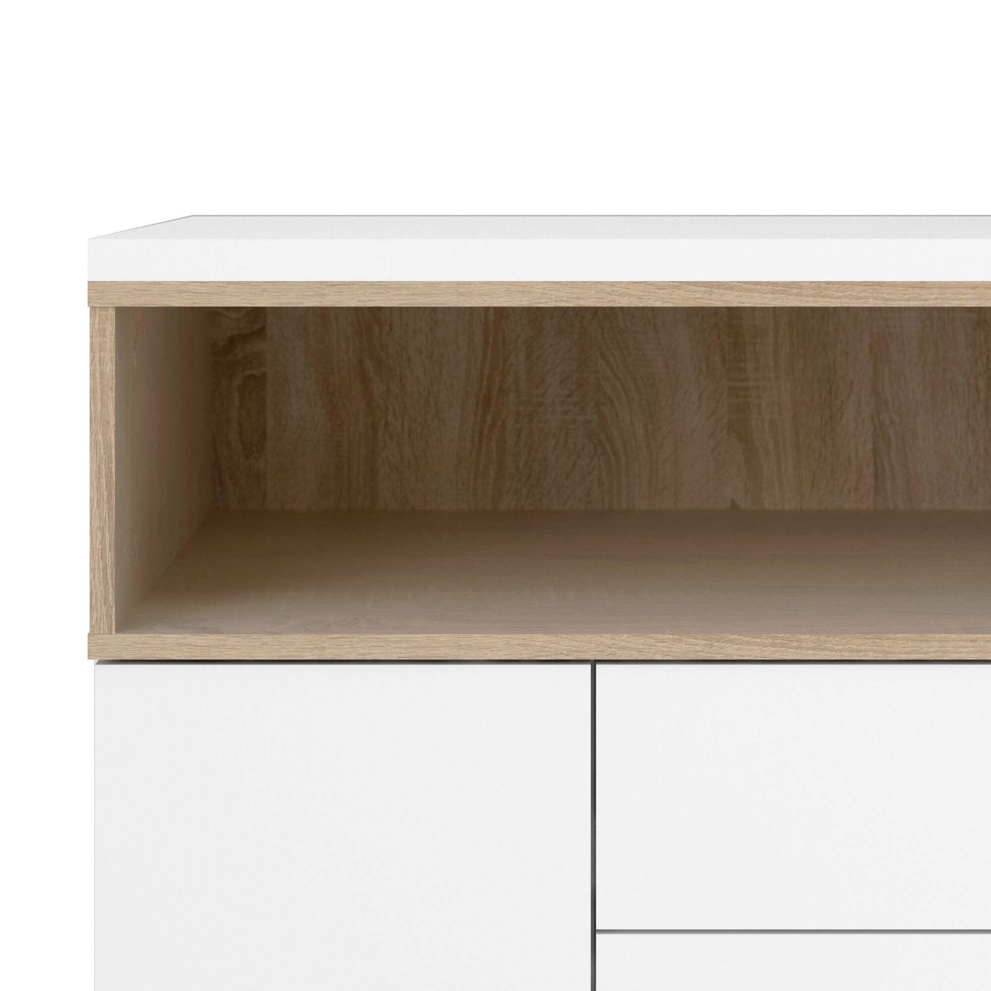 Credenza Julie, Buffet da soggiorno, Madia da salotto, Dispensa da cucina, 176x48 h90 cm, Bianco e Quercia