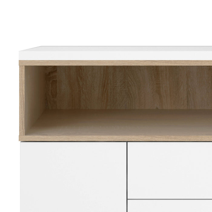 Credenza Julie, Buffet da soggiorno, Madia da salotto, Dispensa da cucina, 176x48 h90 cm, Bianco e Quercia