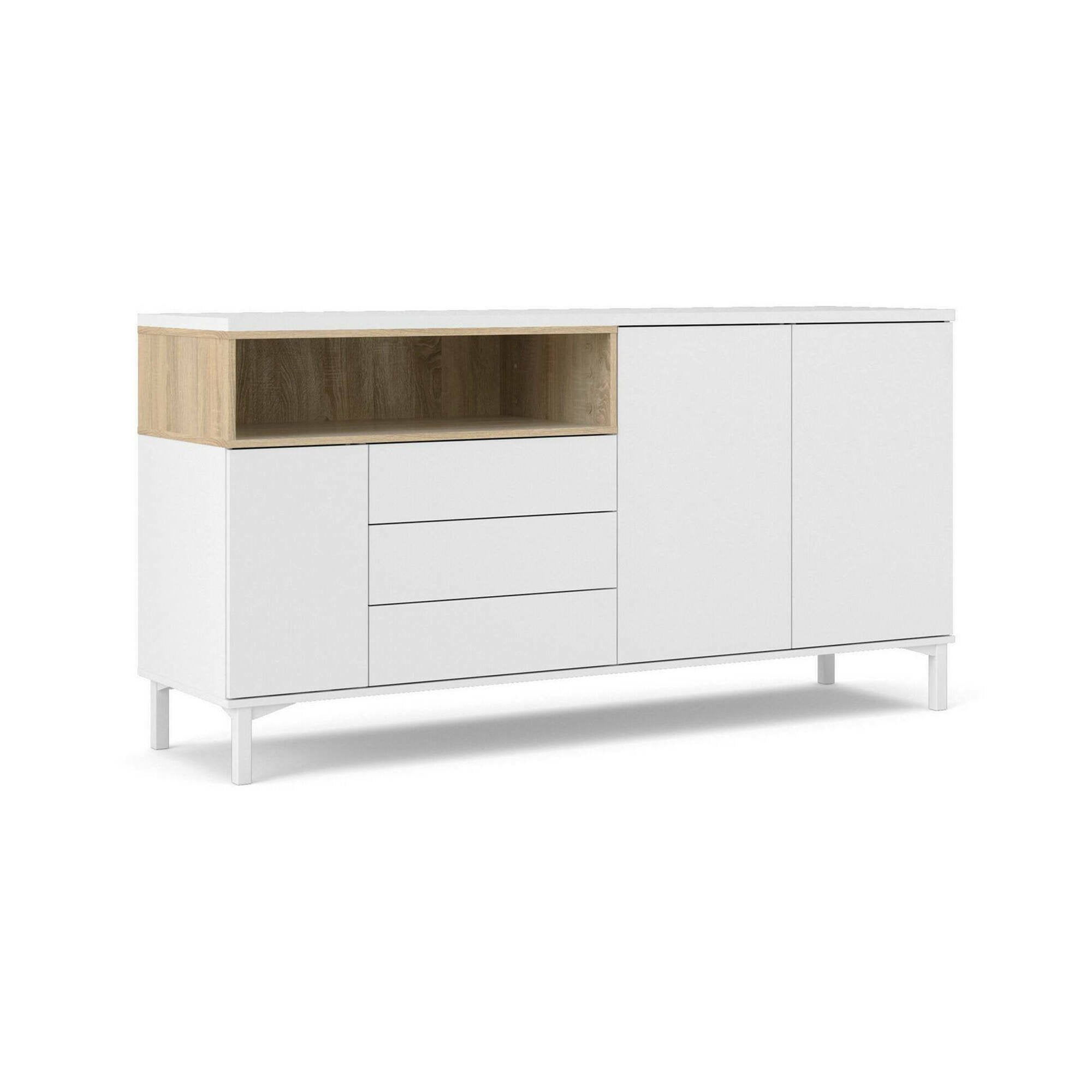 Credenza Julie, Buffet da soggiorno, Madia da salotto, Dispensa da cucina, 176x48 h90 cm, Bianco e Quercia