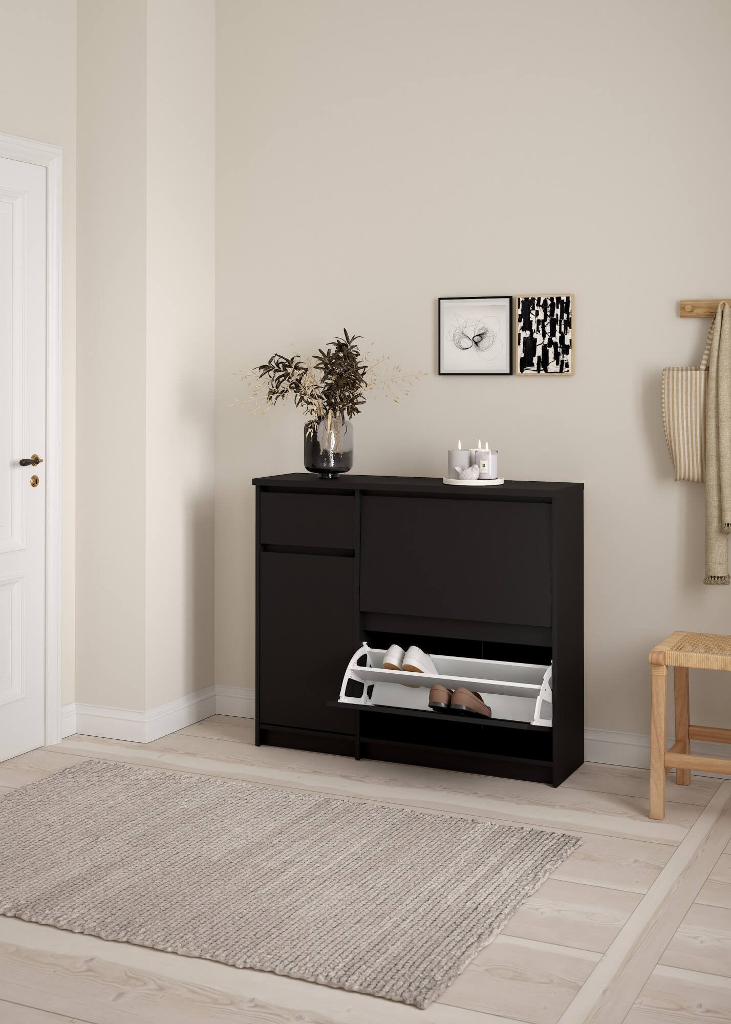 Scarpiera Todd, Mobile portascarpe, Armadio da ingresso multiuso, Mobiletto per calzature, 109x32 h93 cm, Nero