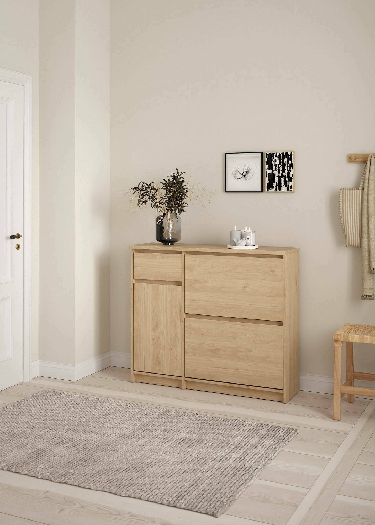 Scarpiera Todd, Mobile portascarpe, Armadio da ingresso multiuso, Mobiletto per calzature, 109x32 h93 cm, Rovere