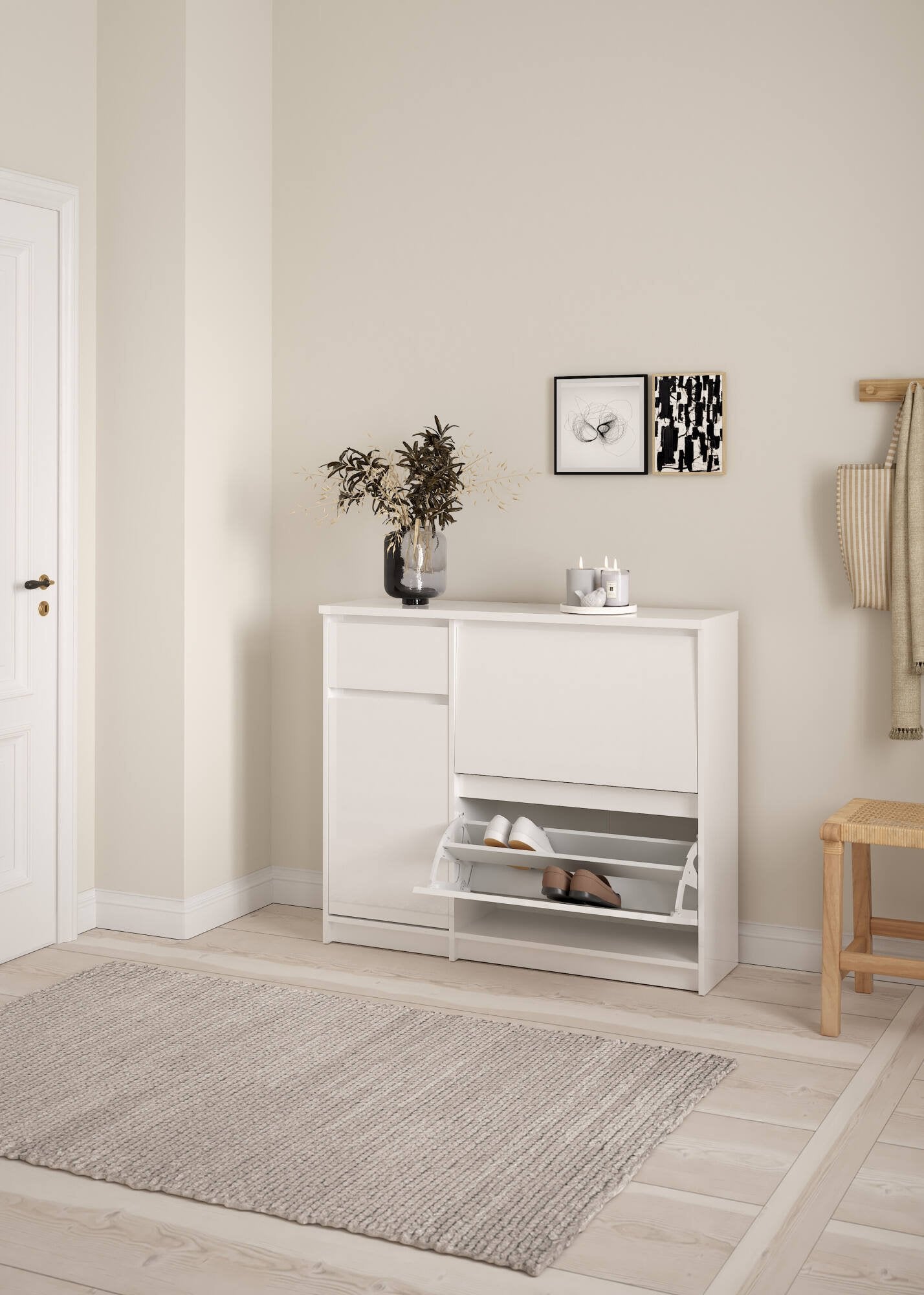 Scarpiera Todd, Mobile portascarpe, Armadio da ingresso multiuso, Mobiletto per calzature, 109x32 h93 cm, Bianco lucido