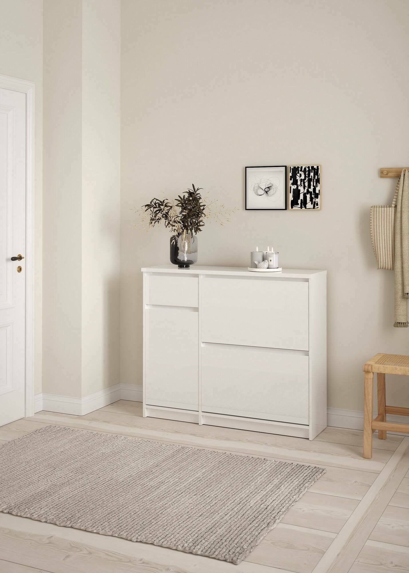 Scarpiera Todd, Mobile portascarpe, Armadio da ingresso multiuso, Mobiletto per calzature, 109x32 h93 cm, Bianco lucido