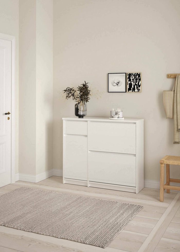 Scarpiera Todd, Mobile portascarpe, Armadio da ingresso multiuso, Mobiletto per calzature, 109x32 h93 cm, Bianco lucido