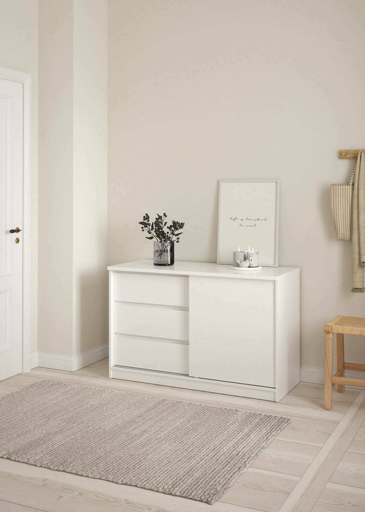 Credenza Bebinca, Buffet da soggiorno, Madia da salotto, Dispensa da cucina, 119x50 h76 cm, Bianco lucido