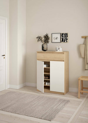 Scarpiera Angilops, Mobile portascarpe, Armadio da ingresso multiuso, Mobiletto per calzature, 80x40 h111 cm, Rovere e Bianco