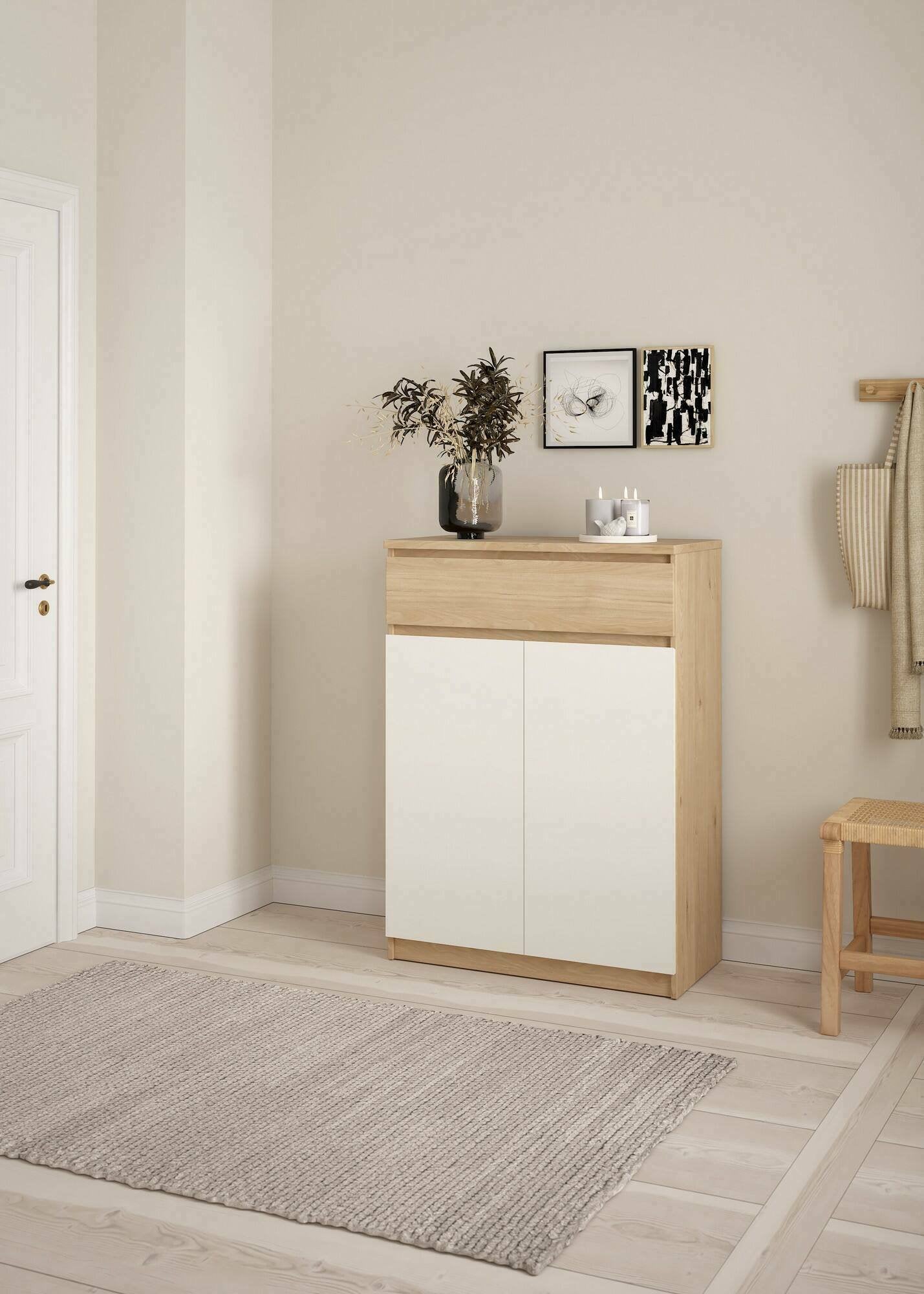 Scarpiera Angilops, Mobile portascarpe, Armadio da ingresso multiuso, Mobiletto per calzature, 80x40 h111 cm, Rovere e Bianco