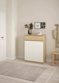 Scarpiera Angilops, Mobile portascarpe, Armadio da ingresso multiuso, Mobiletto per calzature, 80x40 h111 cm, Rovere e Bianco