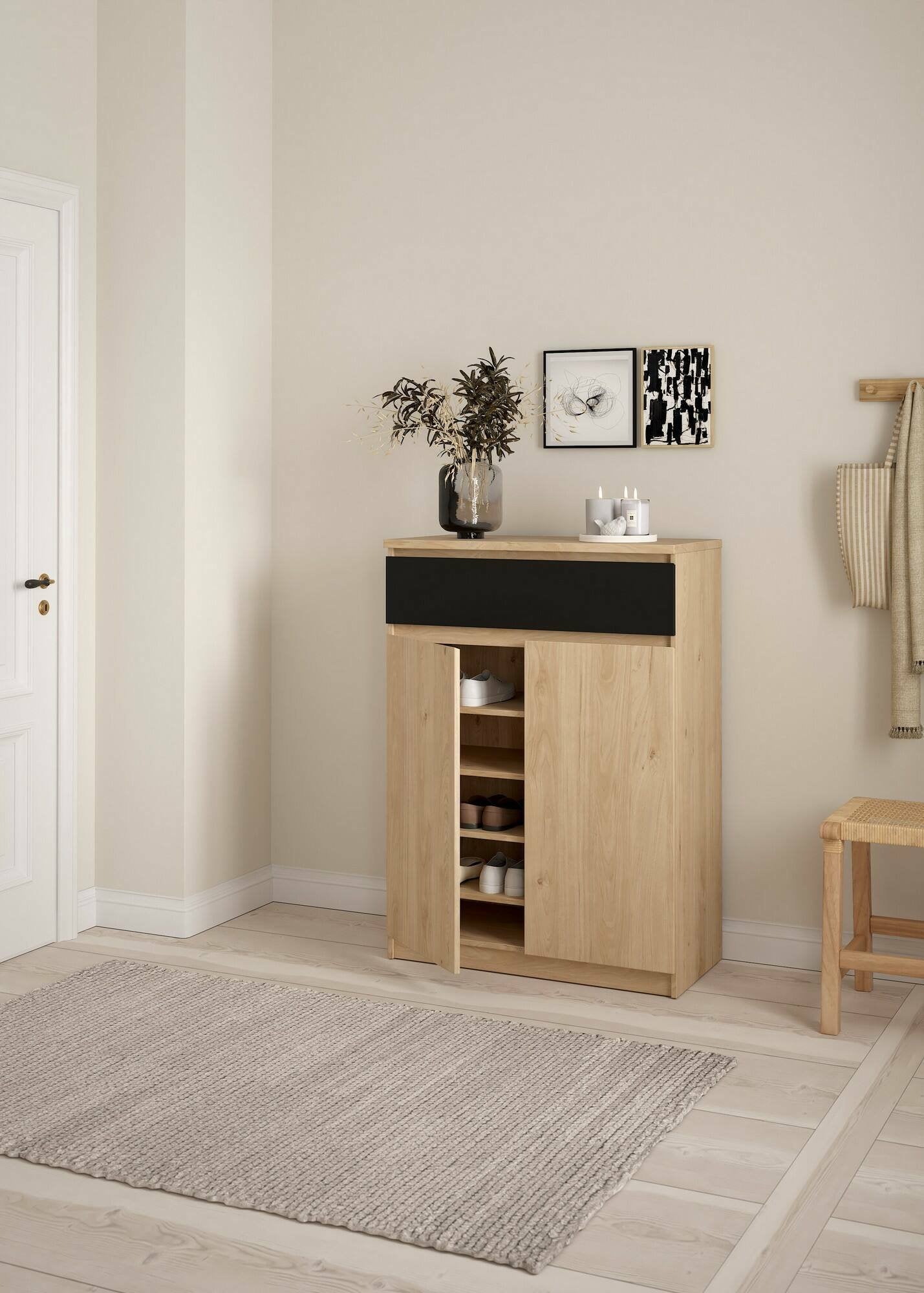 Scarpiera Angilops, Mobile portascarpe, Armadio da ingresso multiuso, Mobiletto per calzature, 80x40 h111 cm, Rovere e Nero